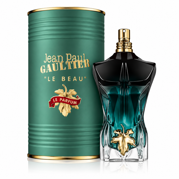 Perfume Jean Paul Gaultier Le Beau Le Parfum para hombre original con frasco degradado verde oscuro y estuche.