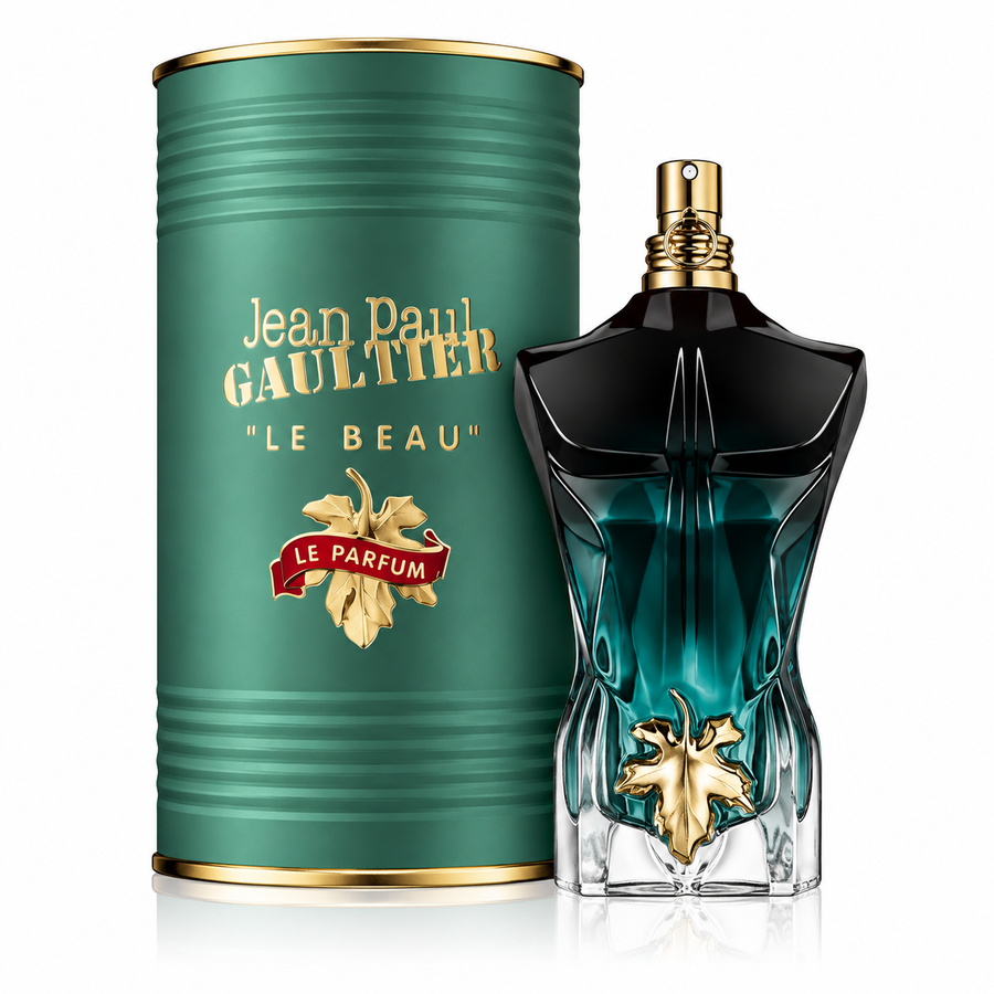 Perfume Jean Paul Gaultier Le Beau Le Parfum para hombre original con frasco degradado verde oscuro y estuche.
