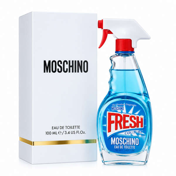 Perfume Moschino Fresh Couture Eau de Toilette para mujer original con frasco azul y caja.