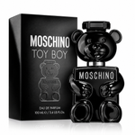 Perfume Moschino Toy Boy Eau de Parfum para hombre original con frasco negro en forma de oso y caja.