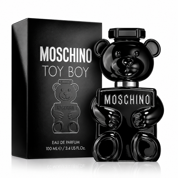 Perfume Moschino Toy Boy Eau de Parfum para hombre original con frasco negro en forma de oso y caja.