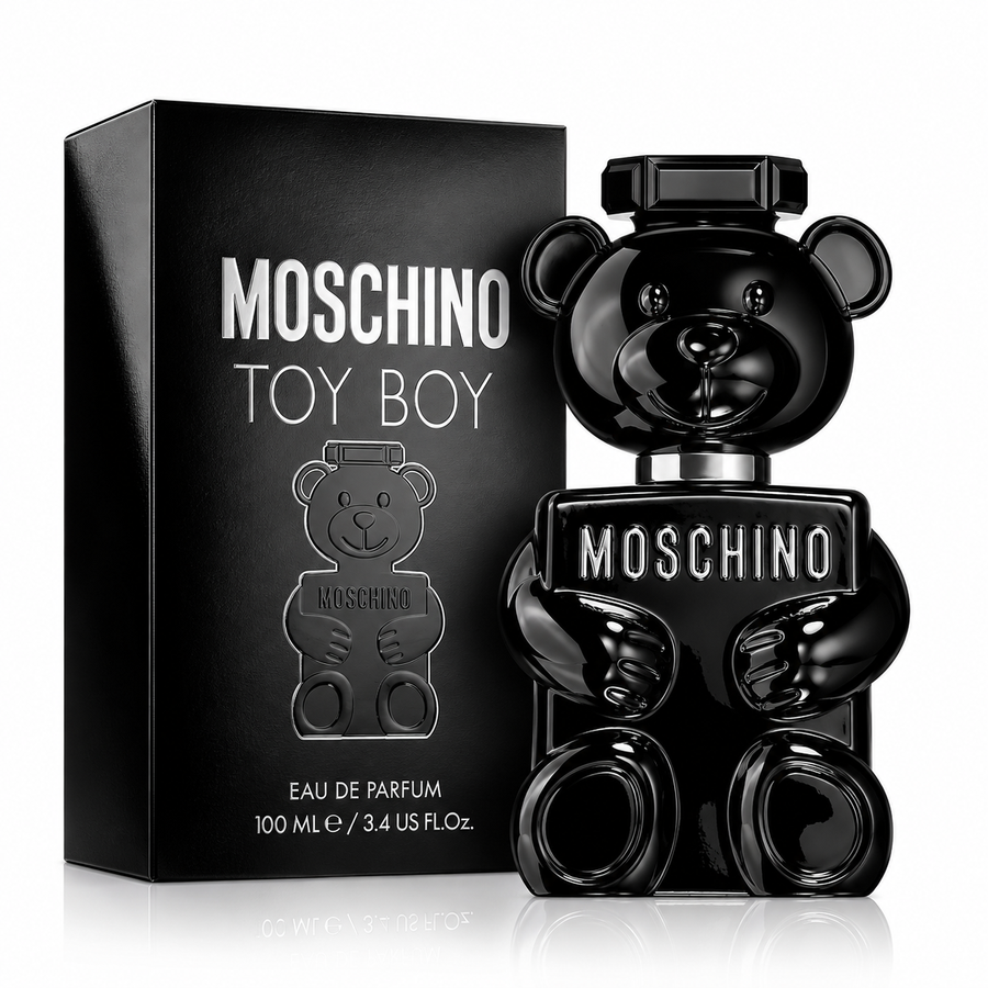 Perfume Moschino Toy Boy Eau de Parfum para hombre original con frasco negro en forma de oso y caja.
